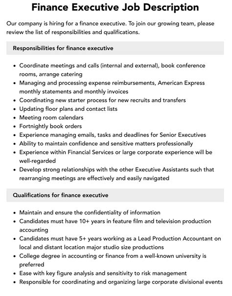 Finance Executive Job Description Velvet Jobs