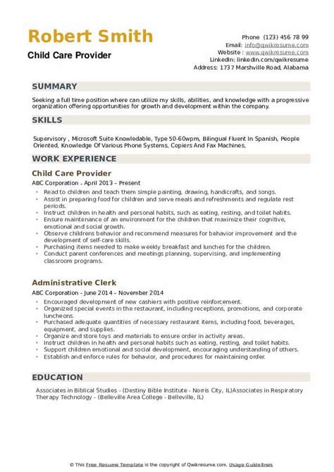 Child Care Provider Resume Samples | QwikResume