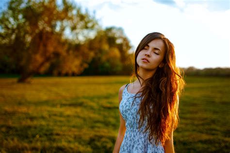 Wallpaper Sunlight Women Model Nature Blue Dress Brunette Grass