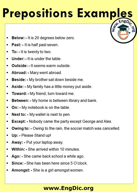 important preposition list    sentences engdic