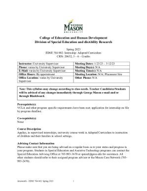 Fillable Online EDSE 784 Internship Adapted Curriculum GMU CEHD Fax