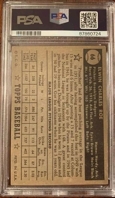 1952 TOPPS 66 PREACHER ROE PSA 3 5 MLB BROOKLYN DODGERS BLACK BACK HOF