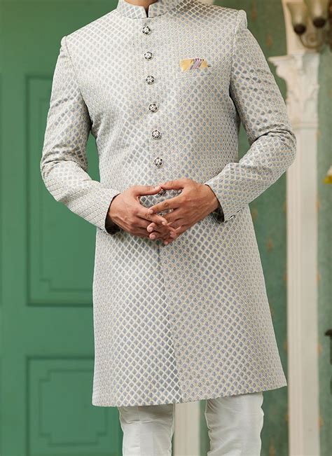 Shop Grey Art Silk Jacquard Indowestern Sherwani Wedding Wear Online At