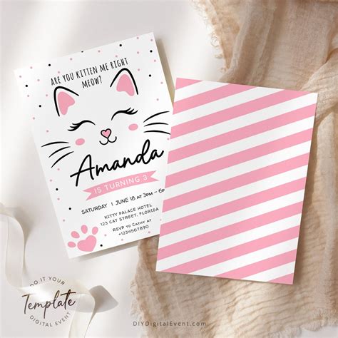 Kitty Cat Birthday Invitation Template Editable Kitten Etsy