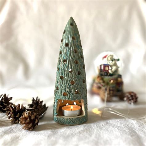 Jade Green Glazed Stoneware Pottery Bark Christmas Tree Tealight Candle