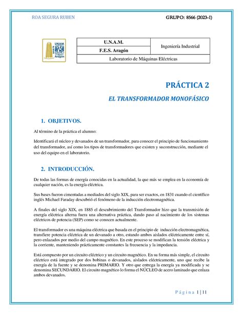 Practica 2 Eltransformador Monofásico PRCTICA 2 EL TRANSFORMADOR