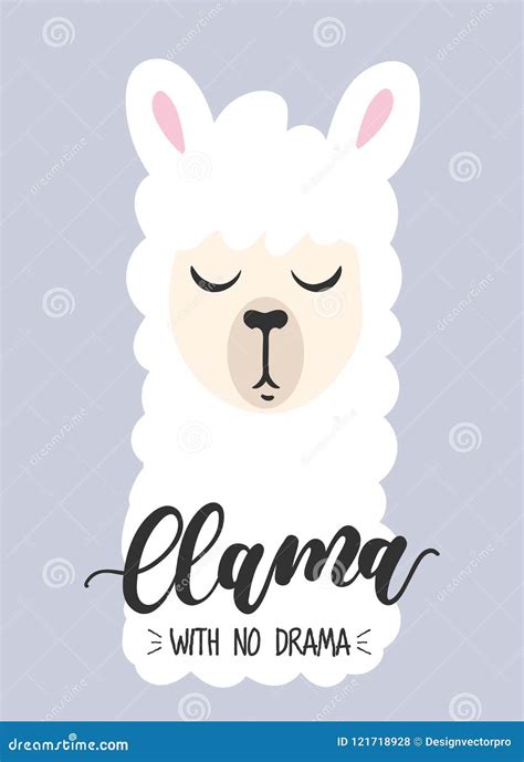 Llama With No Drama Inspirational Card Cute Llama Head Drawing Stock