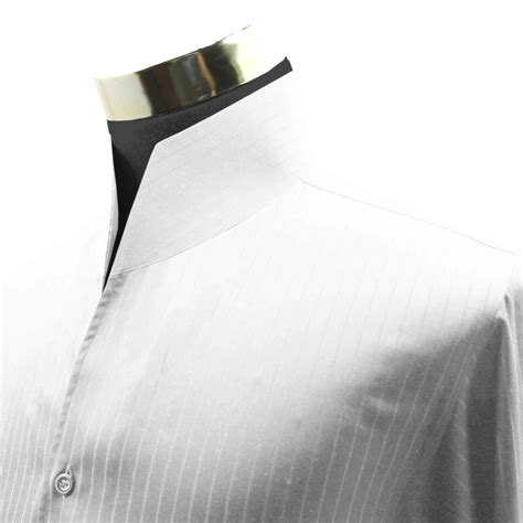 High Collar White Dress Shirt Mens Pin Stripes Open Buttonless V