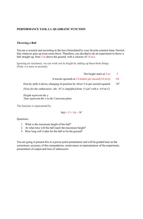 Quadratic Function Performance Task 7