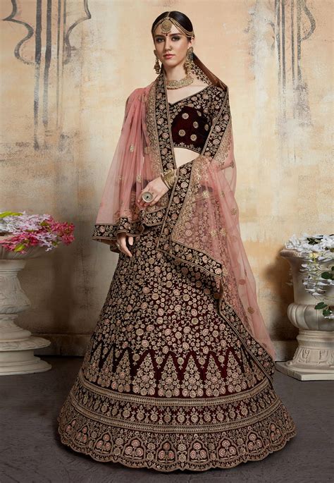 Maroon Velvet Embroidered Bridal Lehenga Choli 3202