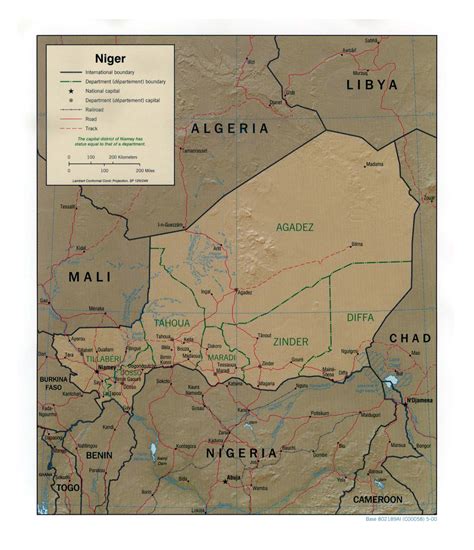 Detailed political and administrative map of Niger with relief, roads, railroads and major ...