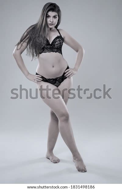 Plus Size Glamour Model Black Lingerie Stock Photo