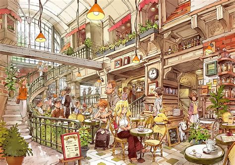 HD wallpaper: people in library cafe illustration, cafes, group of ...