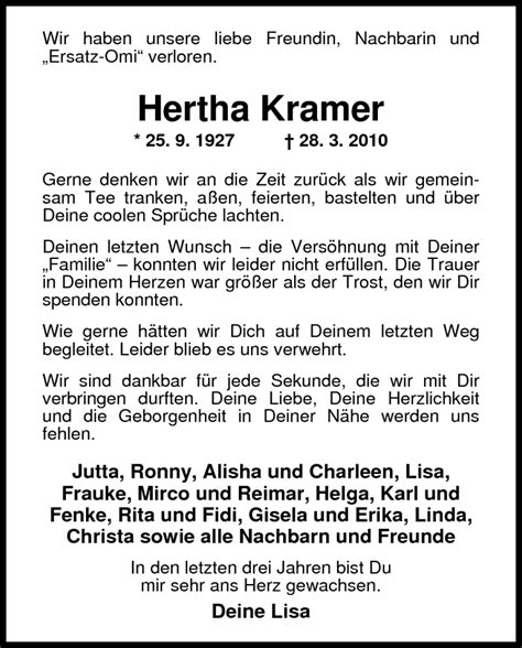 Traueranzeigen Von Hertha Kramer Nordwest Trauer De