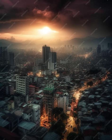 Premium AI Image | A cityscape with a sunset and a cityscape in the ...