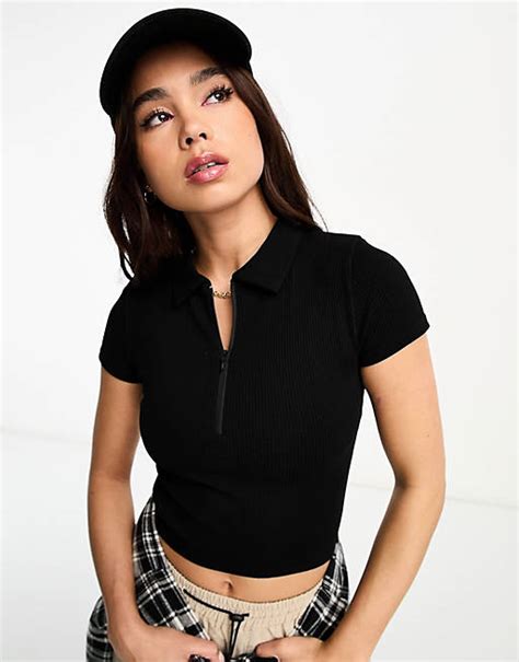 Stradivarius Zip Through Top In Black Asos