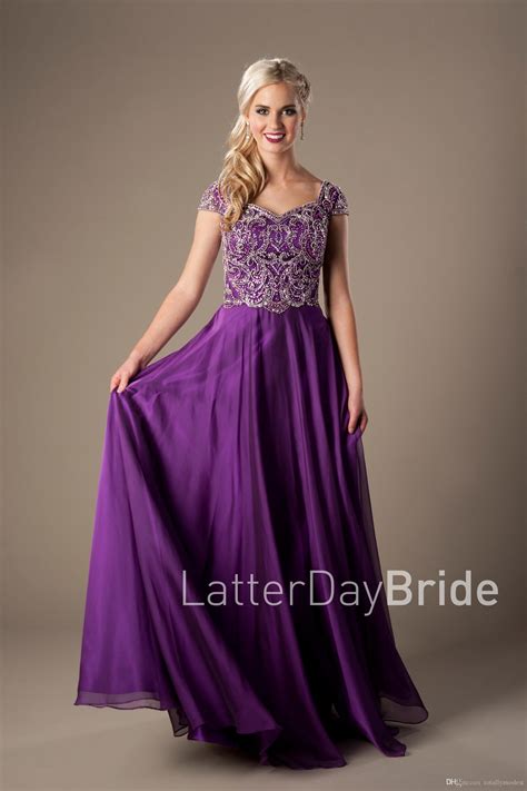 Sparkly Heavily Beaded Bodice Purple Long Modest Evening Dresses With