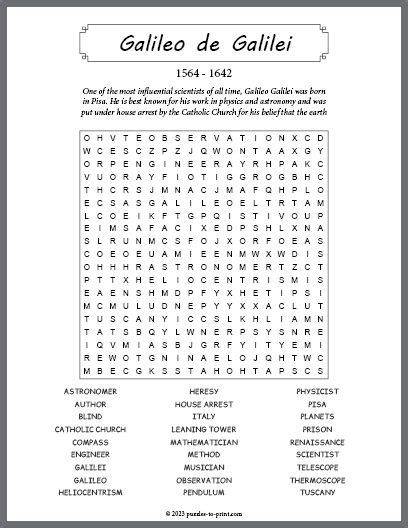 Free Printable Galileo De Galilei Word Search Leonardo Da Vinci Word