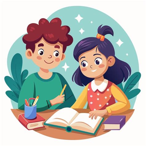 Una imagen de dibujos animados de dos niños leyendo un libro Vector