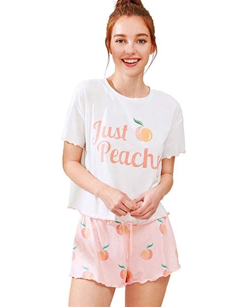 Milumia Women S Peach Fruit Print Lettuce Edge Tee And Shorts Pajama