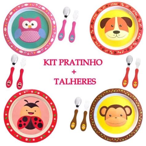 Kit Pratinho Copo Tigela Talheres Colher E Garfo Infantil Beb