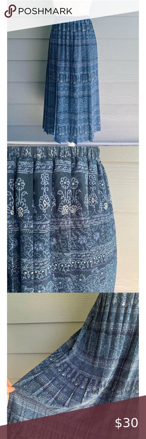 Vintage Leslie Fay Blue Floral Patterned Pleated Midi Skirt Pleated