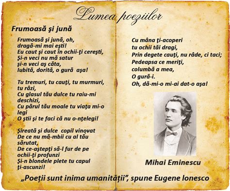 Lumea Poeziilor Mihai Eminescu Frumoasă şi Jună