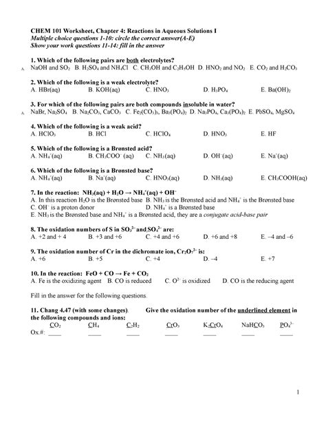 Homework Chapter 4 CHEM 101 Worksheet Chapter 4 Reactions In