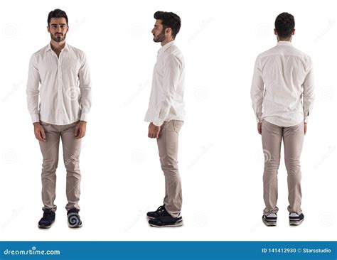 Triple View Of Young Man Back Front Side On White Stock Photo