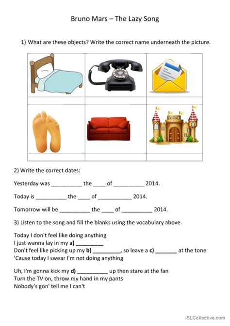 The Lazy Song Bruno Mars Song And English ESL Worksheets Pdf Doc