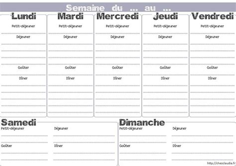 Mod Le De Menu De La Semaine Imprimer Sous Forme De Semainier Vierge