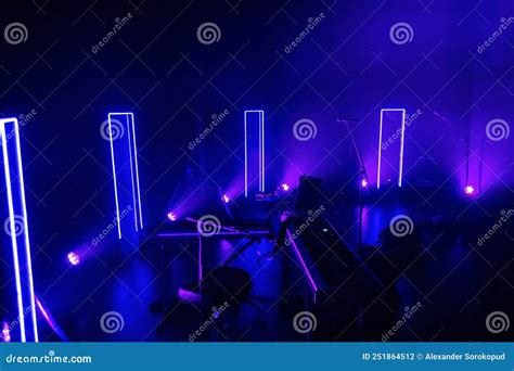 Multi Colored Spotlights Illuminate The Stage Before The Concert Stock