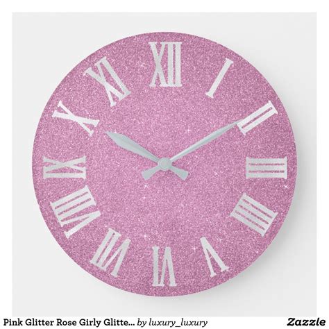 Pink Glitter Rose Girly Glitter Gray Roman Numbers Large Clock In 2021 Glitter