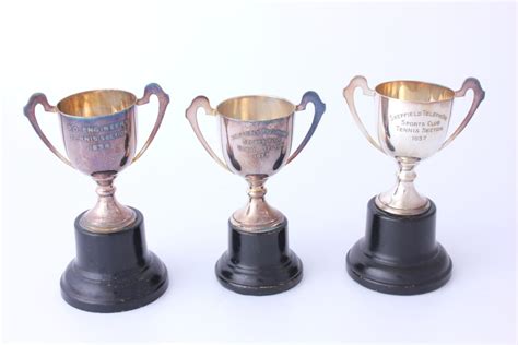 Three Small Silver Plated Tennis Trophy Cups. Telephone, Sheffield 1936.