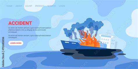 Ship On Fire At Sea With Smoke Emergency Situation At Ocean Maritime