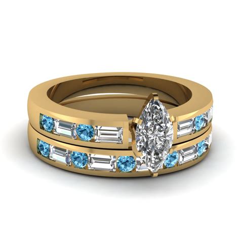 Channel Set Baguette Marquise Diamond Wedding Ring Set With Blue Topaz