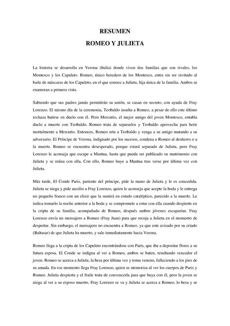 Resumen Romeo Y Julieta En Pdf Resumen Romeo Y Julieta La Historia Se