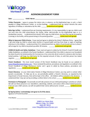 Fillable Online ACKNOWLEDGEMENT FORM Village Montessori Center Fax