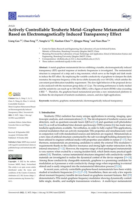 PDF Actively Controllable Terahertz MetalGraphene Metamaterial Based