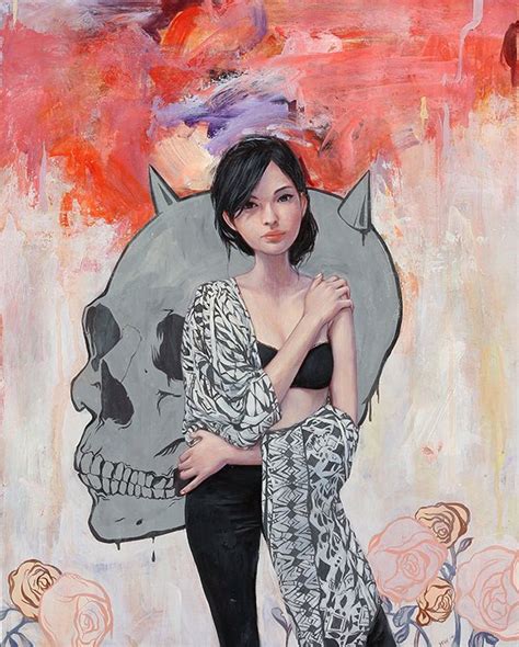 A Painting Of A Woman Standing In Front Of A Cat Skull With Her Hands