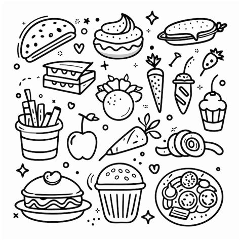 Doodle Food Illustration With Various Food Items Like Cakes Carrots