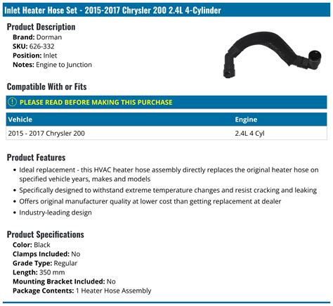 2015 2017 Chrysler 200 Heater Hose Dorman 626 332 Inlet