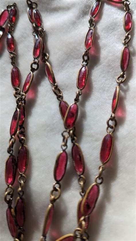 Rare Czech Brass And Red Glass Chain Necklace Gem