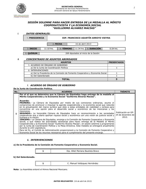 1 SESIÓN SOLEMNE PARA HACER ENTREGA DE LA MEDALLA AL MÉRITO