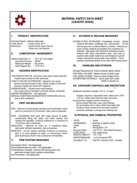 Caustic Soda Material Safety Data Sheet Pdf Sodium Hydroxide Chemical Substances