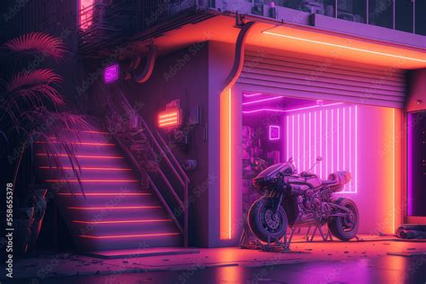 Motorcycle in neon rays near the garage in cyberpunk style AI Stock ...