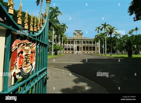 Front Gate With The Seal Of Royalty Leading To The Grounds Of Iolani