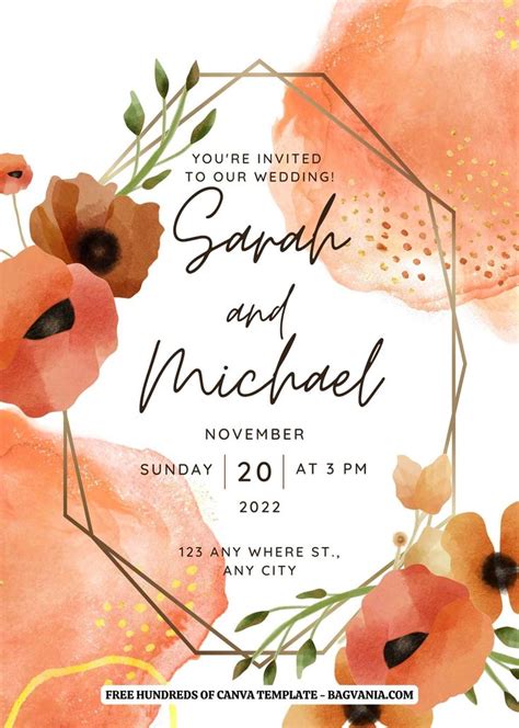 Free 7 Orange Watercolor Floral Bouquet Canva Wedding Invitation