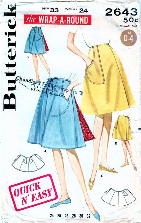 1960s Butterick 2643 Vintage Sewing Pattern Misses Flared Wrap Skirt