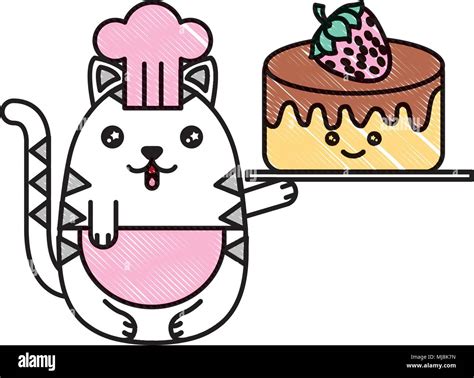 Cute Cat Chef With Delicious Cake And Fruit Strawberry Kawaii Character